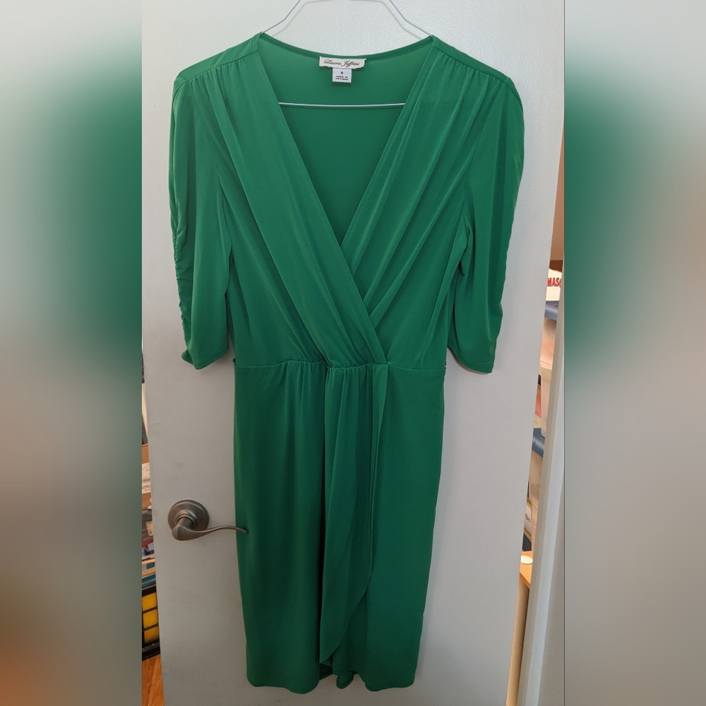 Green 3/4 sleeve faux wrap v neck work dress size 8